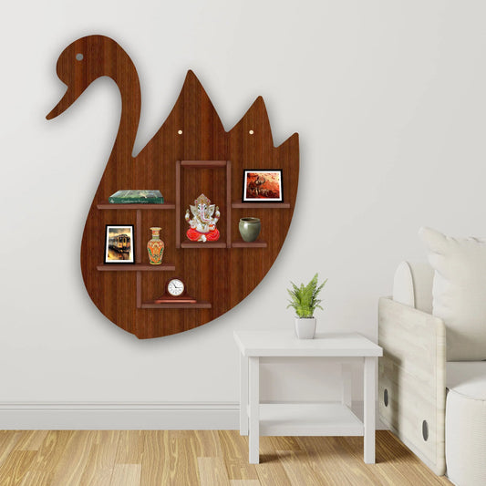 Modern Swan Style Wooden Wall Shelf – Walnut Finish | Books & Decor Display