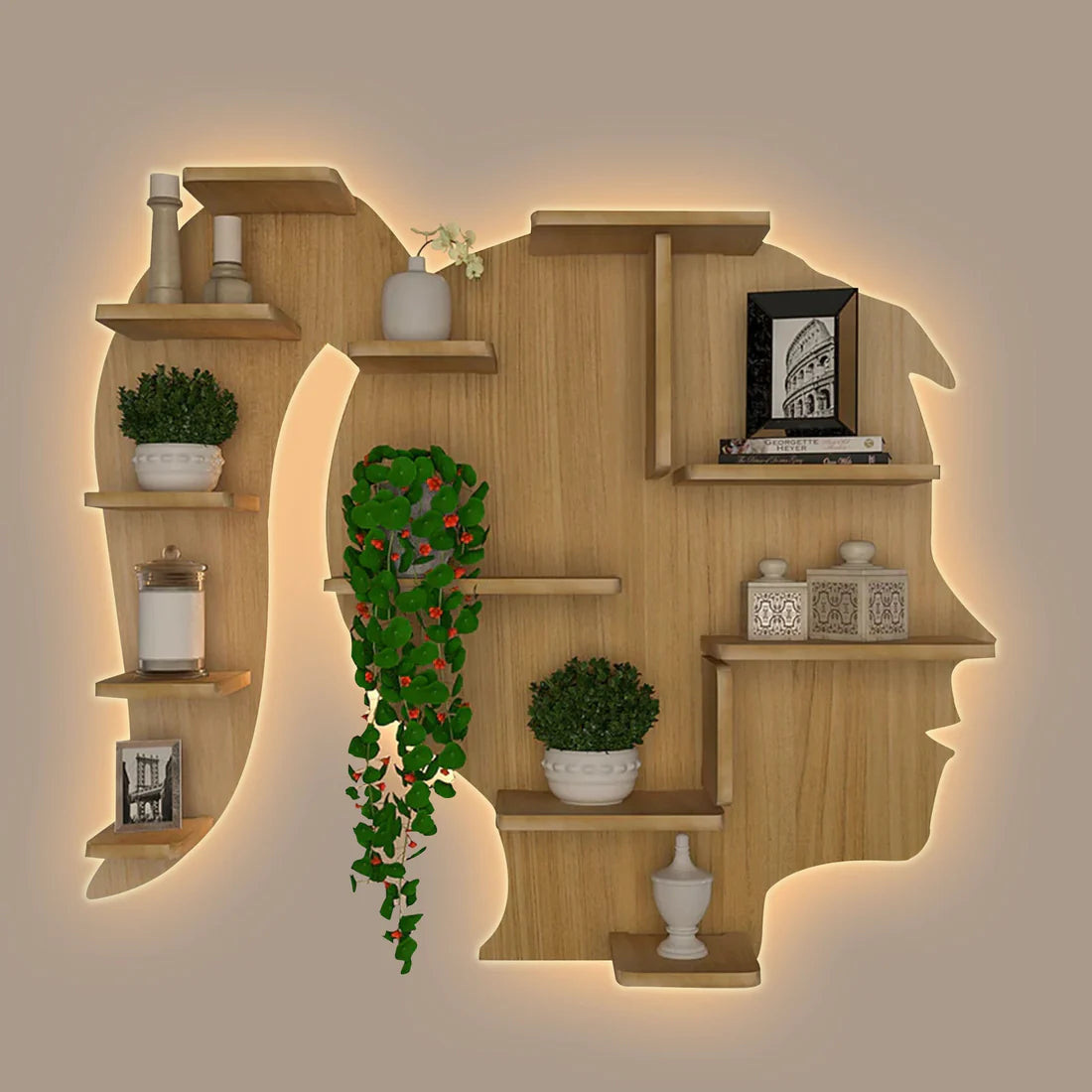 Girl Backlit Wooden Wall Shelf / Designer Book Shelf / Night Light – Walnut Finish