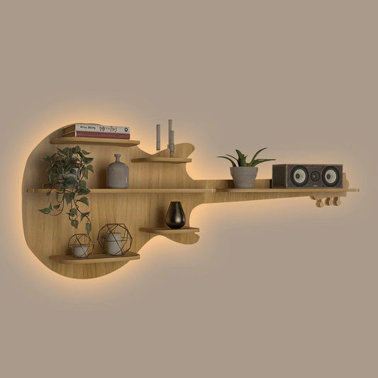 Guitar Shape Designer Wooden Wall Shelf – Oak Finish | Book & Decor Rack