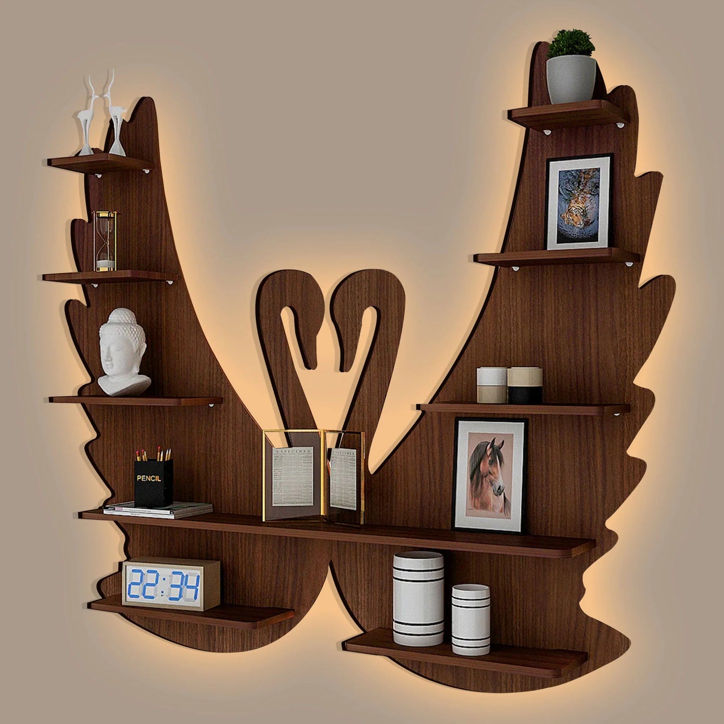 Designer Swan-Shaped Wall Shelf – Premium Walnut Wood for Home Decoration.