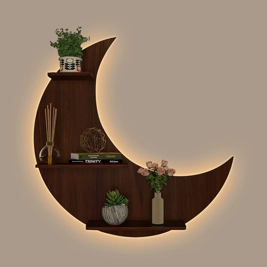 Moon-Shaped Wooden Wall Shelf with LED Backlight – Designer Book Shelf in Elegant Walnut Finish