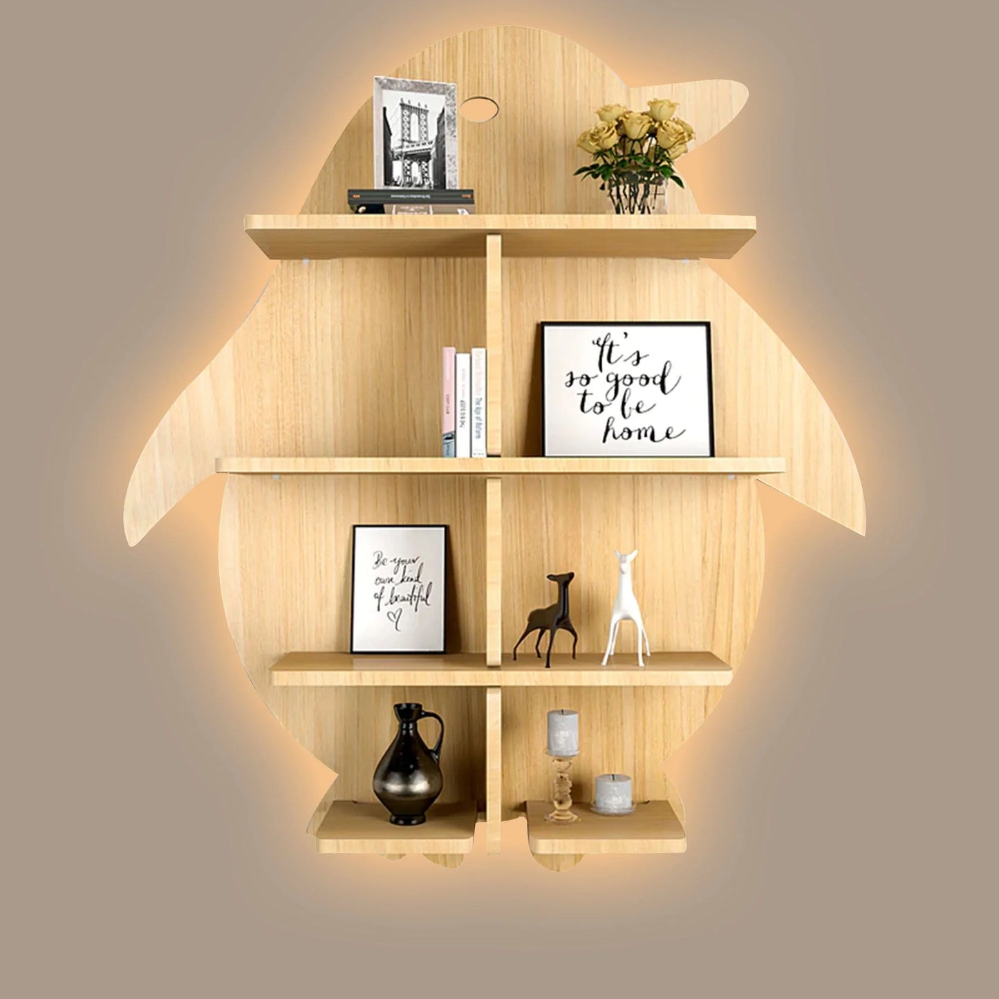 Penguin-Shaped Wooden Wall Shelf with LED Backlight – Designer Night Light & Book Shelf in Light Oak Finish