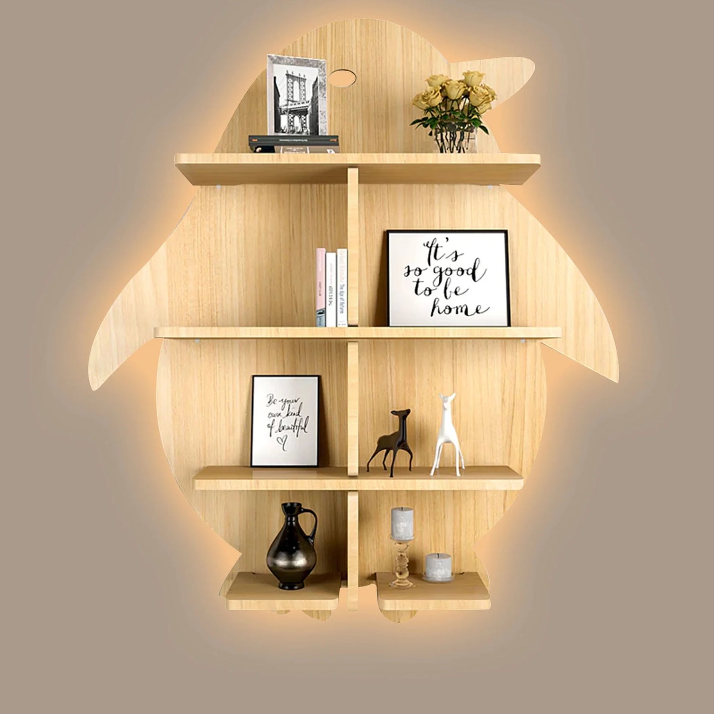 Penguin-Shaped Wooden Wall Shelf with LED Backlight – Designer Night Light & Book Shelf in Light Oak Finish