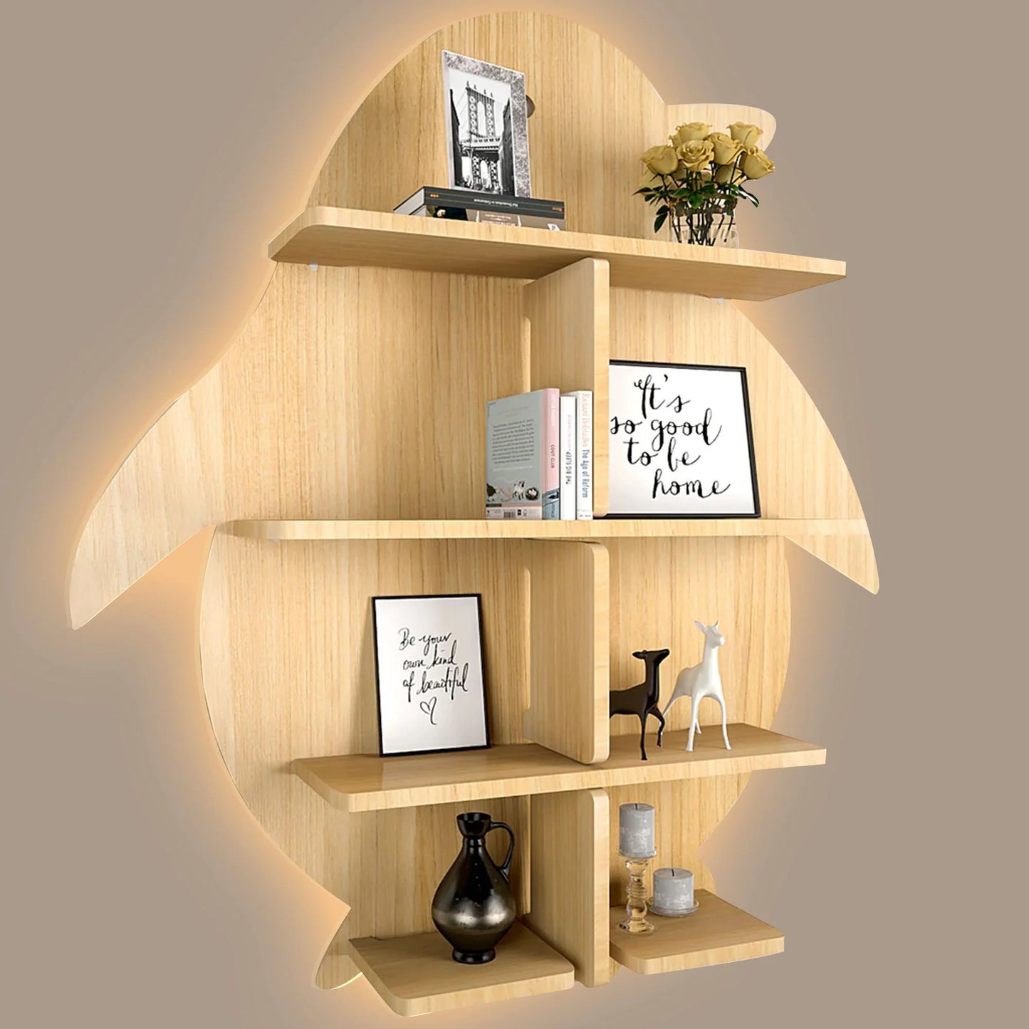 Penguin-Shaped Wooden Wall Shelf with LED Backlight – Designer Night Light & Book Shelf in Light Oak Finish