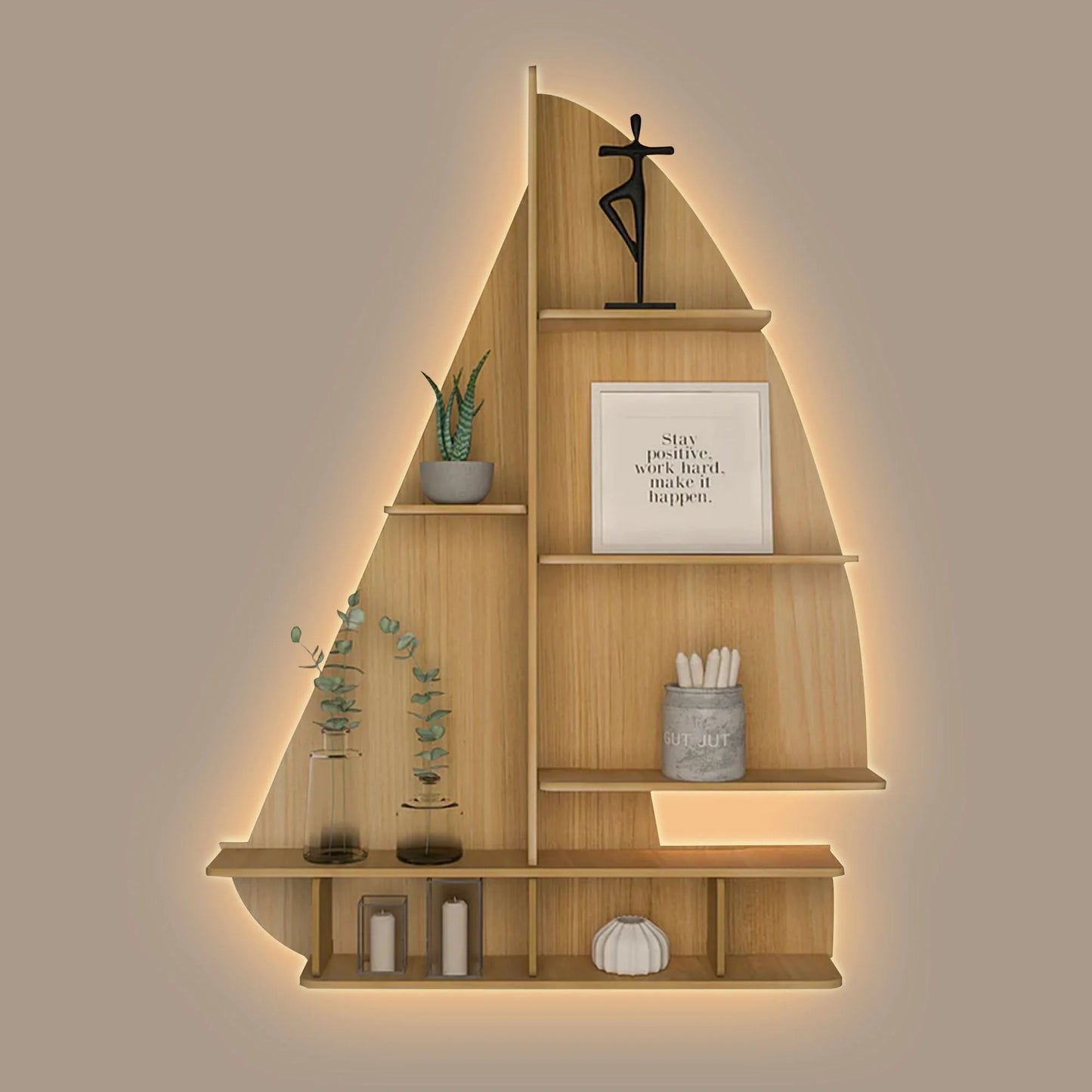 Ship Backlit Wooden Wall Shelf / Designer Book Shelf with LED Night Light – Oak Finish