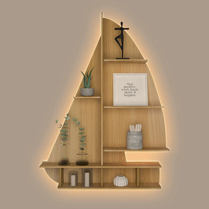 Ship Backlit Wooden Wall Shelf / Designer Book Shelf with LED Night Light – Oak Finish